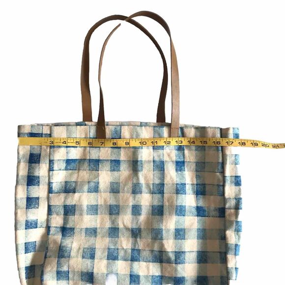 Utility Shoulder Tote Bag Blue & Ivory White Gingham Check Plaid Fabric Canvas - Picture 3 of 5